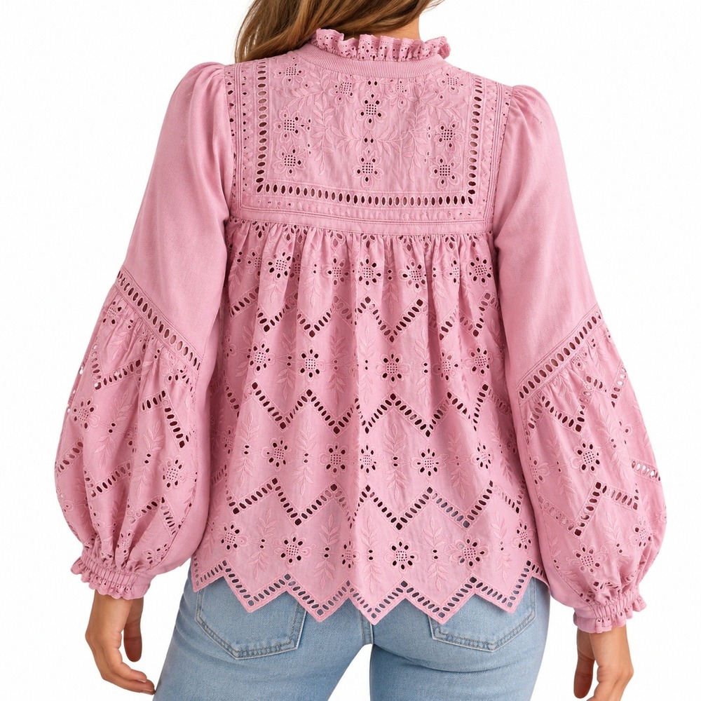 Forever That Girl Anthropologie Eyelet Embroider Sweatshirt M Pink Balloon Slv